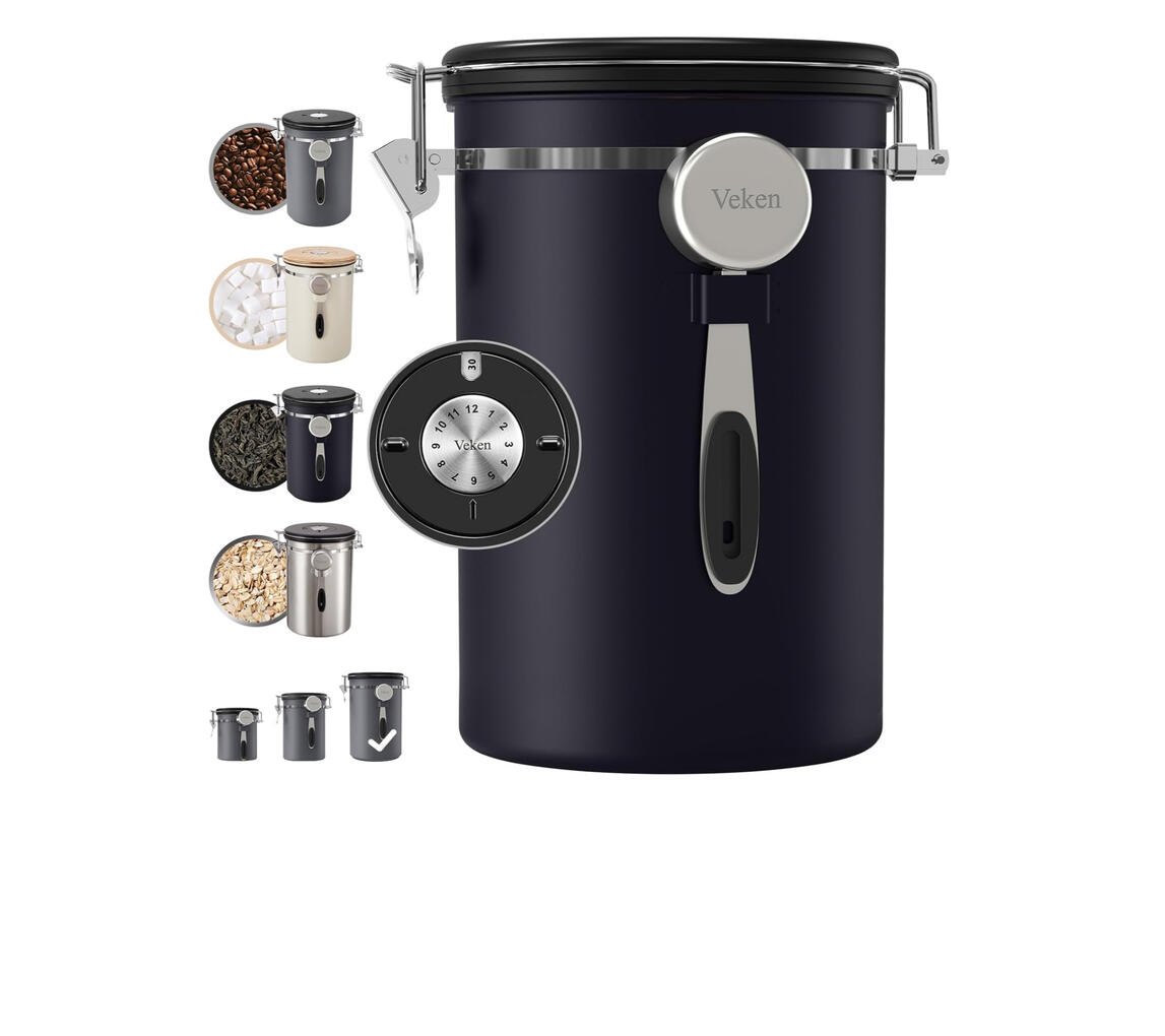 Veken Airtight Stainless Steel Coffee Canister with Scoop & Tracker ➥